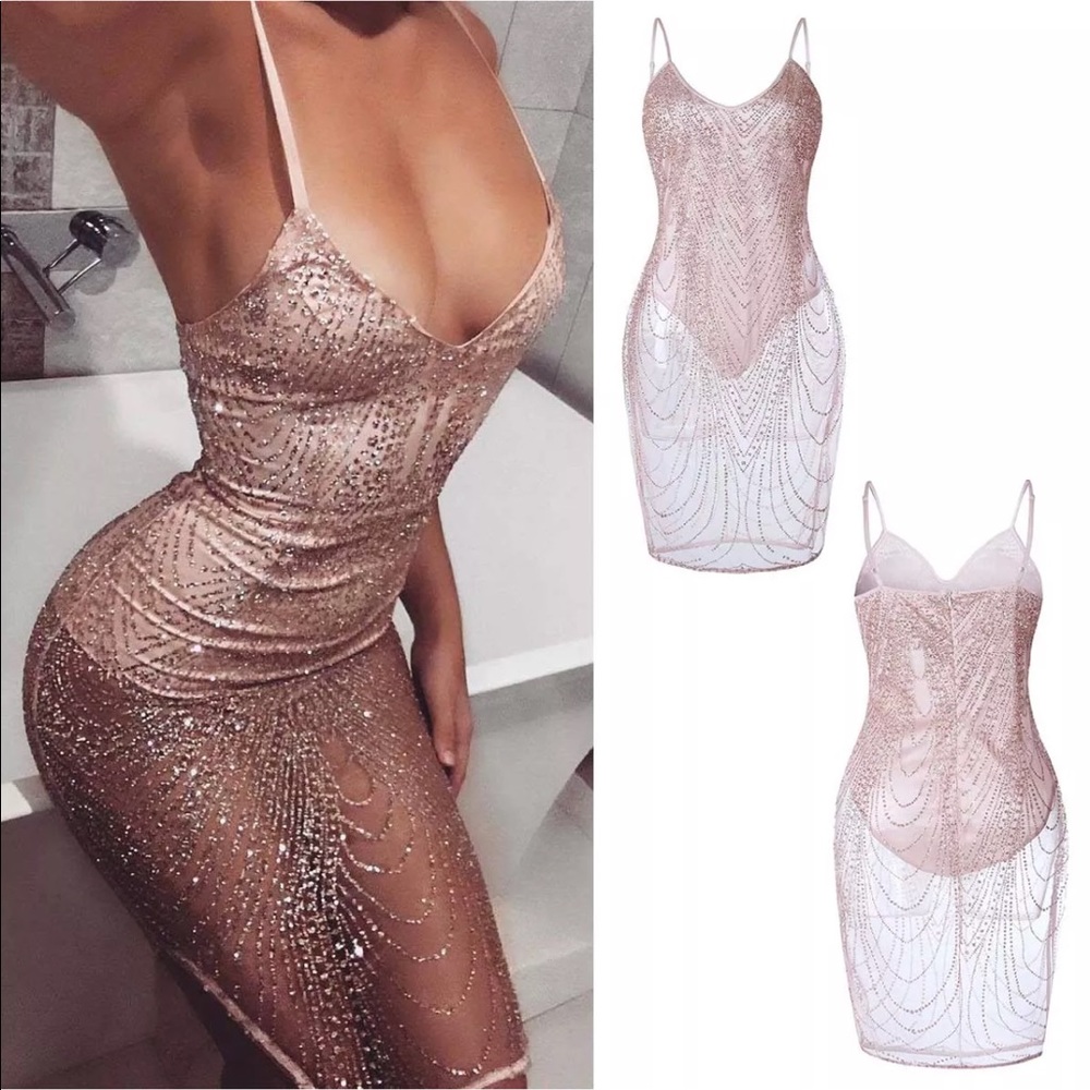 COPY - Sheer metallic glitter bodysuit dress pink…